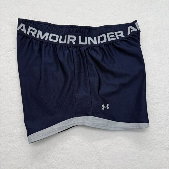 Under Armour Athletic Shorts Logo Loose Fit Blue Gray Workout Casual Womens L - Picture 2 of 10